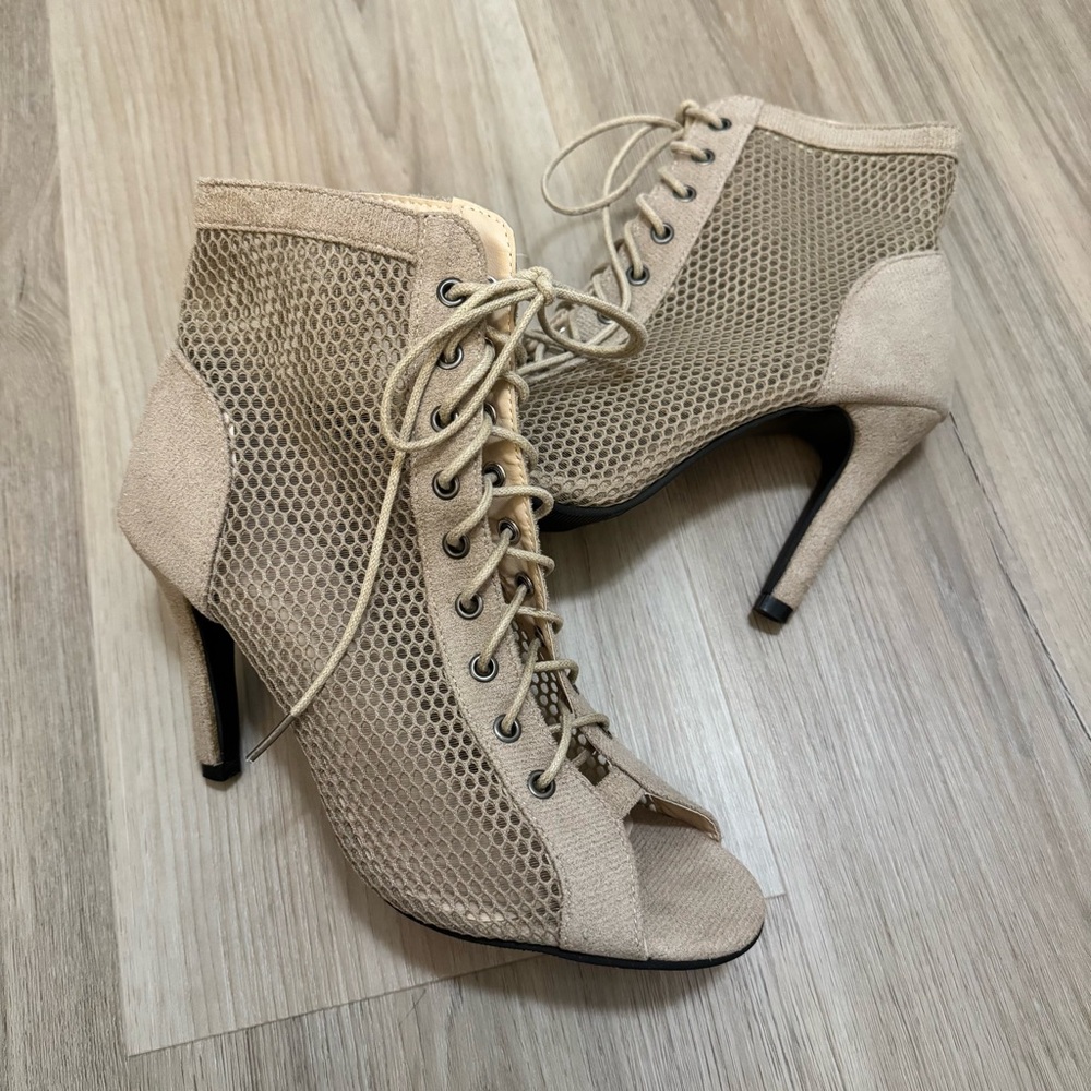 Beige Faux Suede Lace-Up Peep-Toe Mesh Ankle Booties